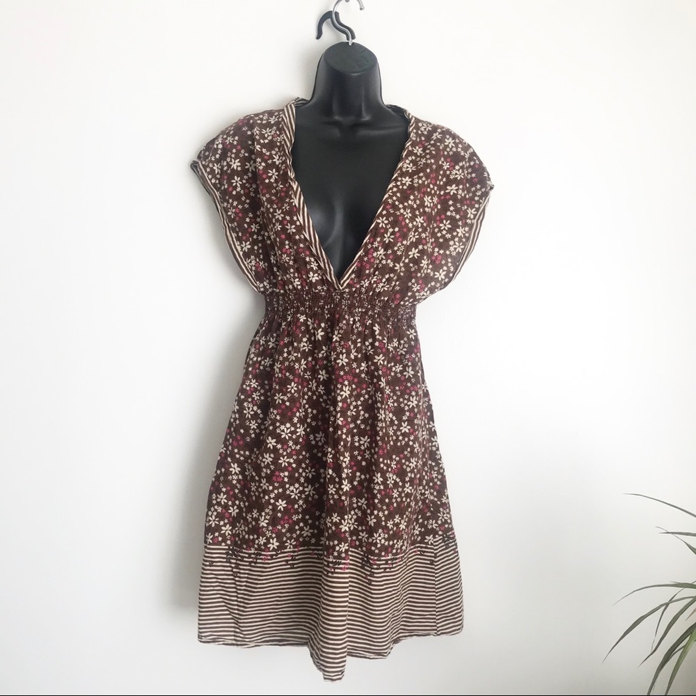 Mystic Floral Smocked Empire Low Cut Brown Dress M